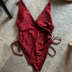 Maroon V-Neck one-piece Swimsuit with side ties